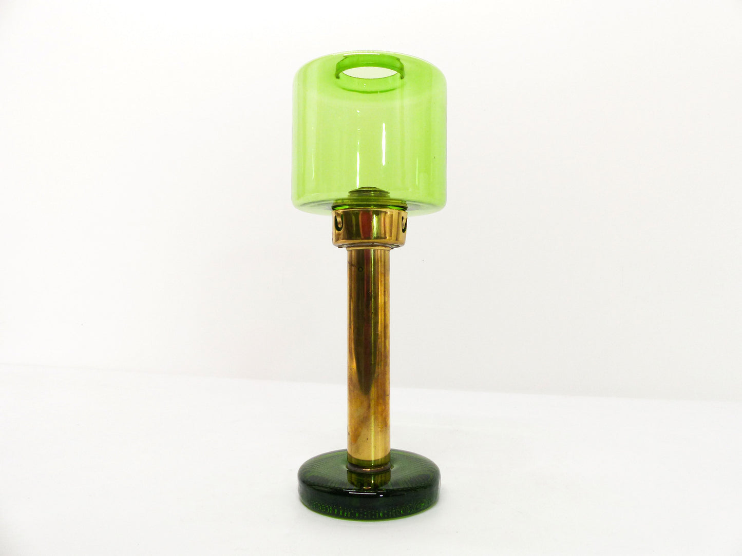 Scandinavian candle holder Gnosjö green glass and brass 1960