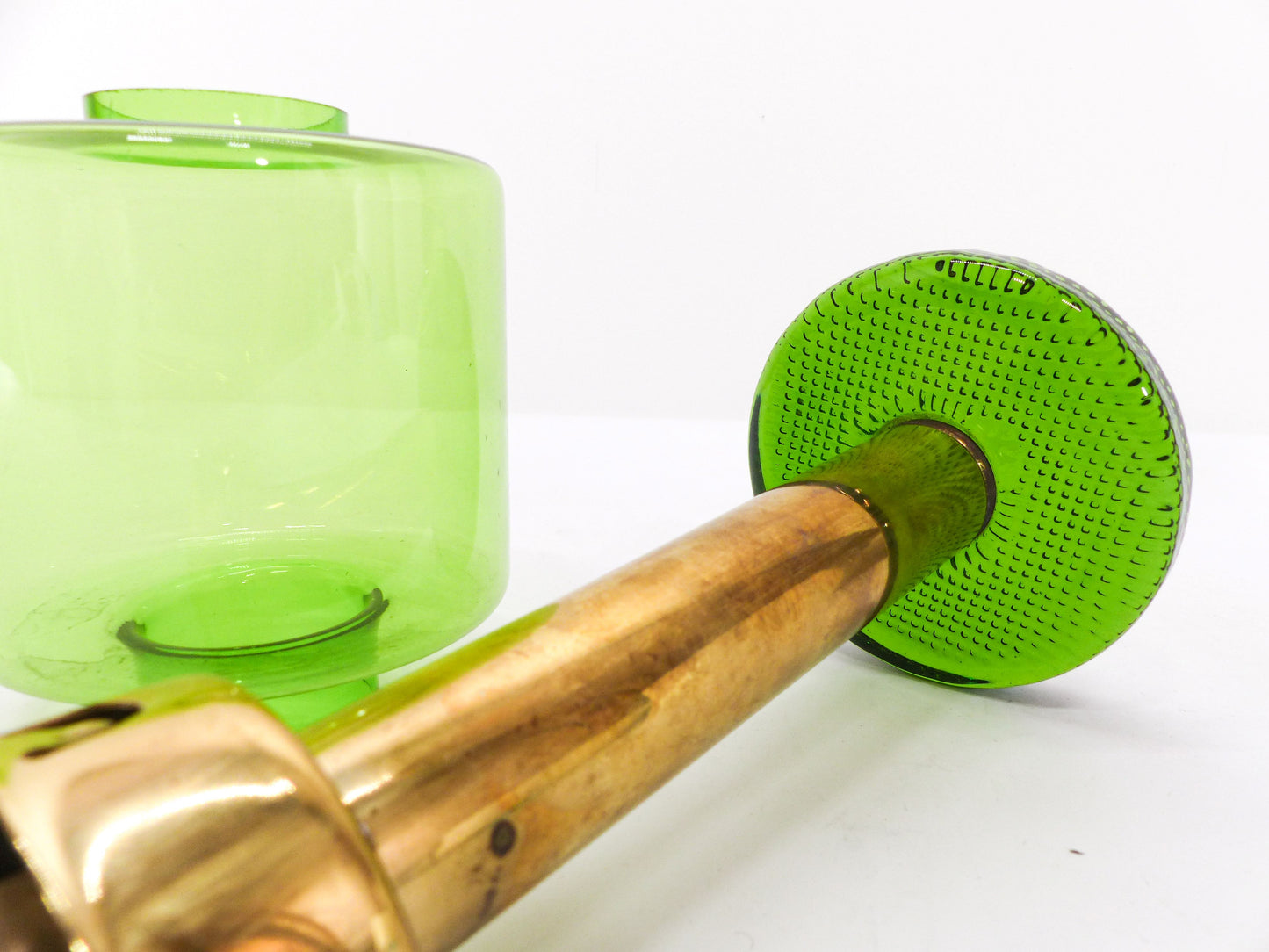 Scandinavian candle holder Gnosjö green glass and brass 1960