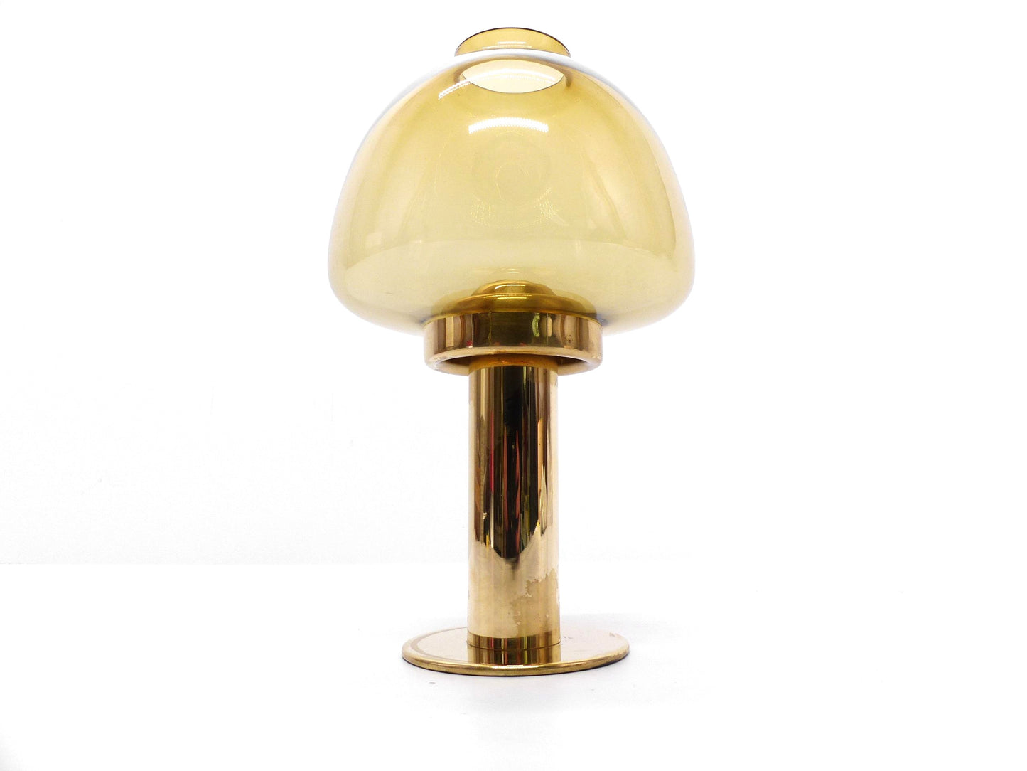 Set of 5 Scandinavian candlesticks by Hans-Agne Jakobsson, Claudia model, in brass and amber glass, Sweden, 1960