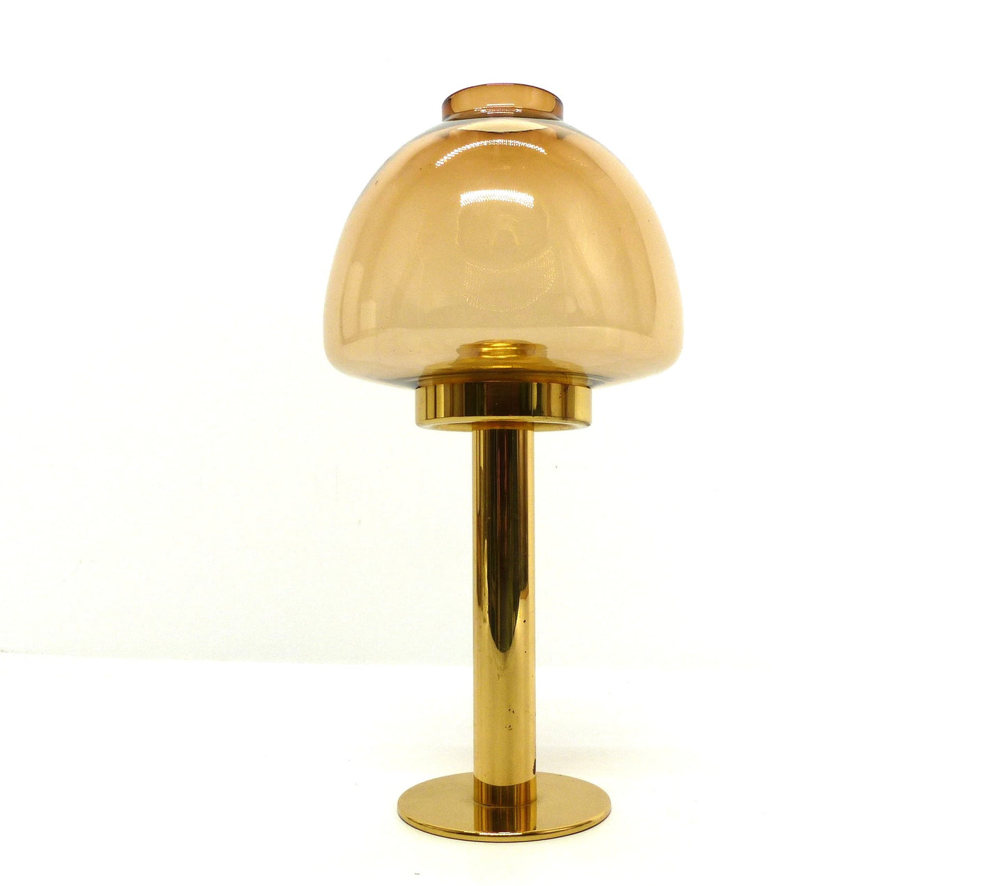 Set of 5 Scandinavian candlesticks by Hans-Agne Jakobsson, Claudia model, in brass and amber glass, Sweden, 1960