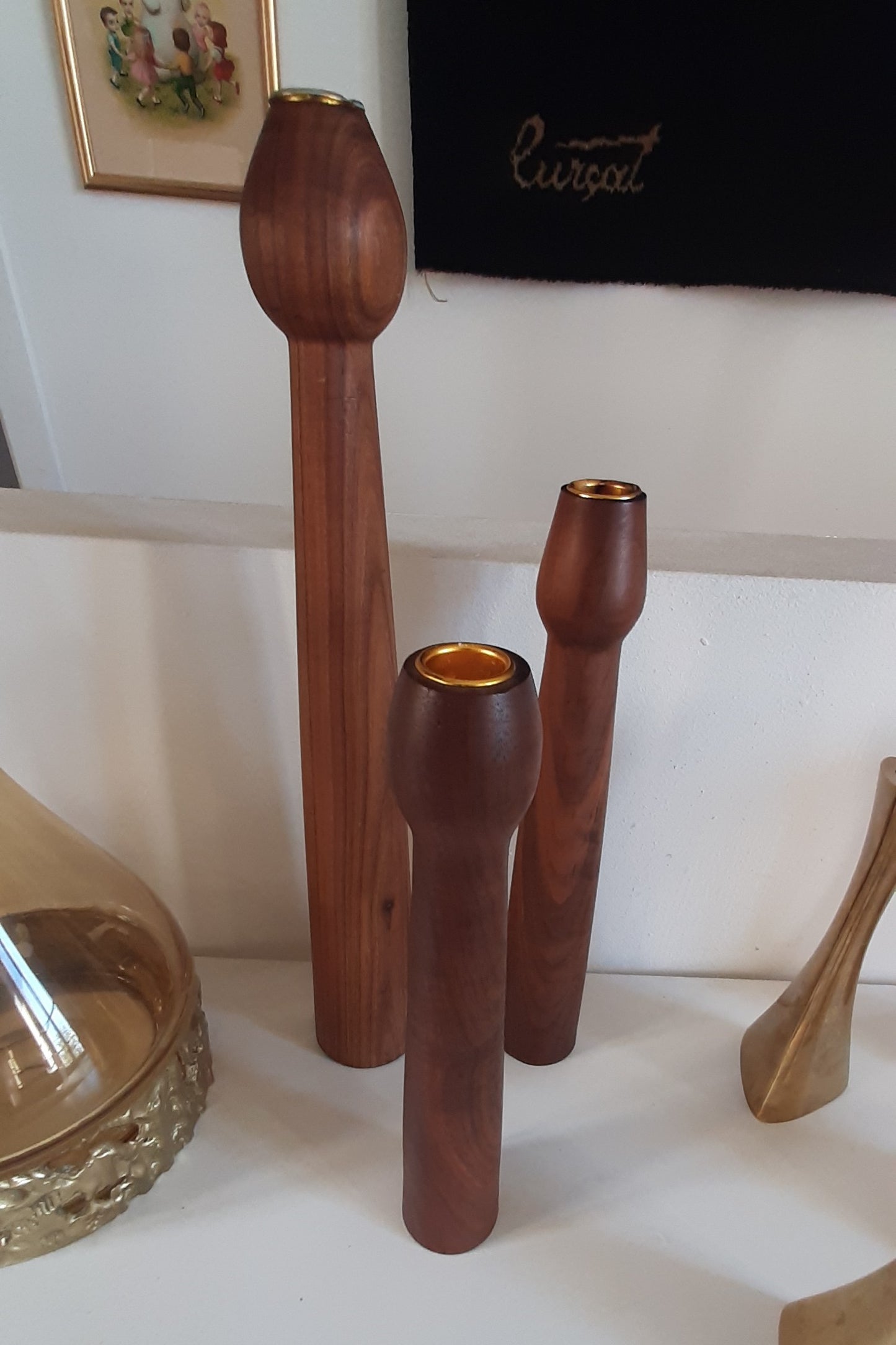 3 bougeoirs scandinaves en bois de teck avec inserts en laiton, Danemark, années 1960