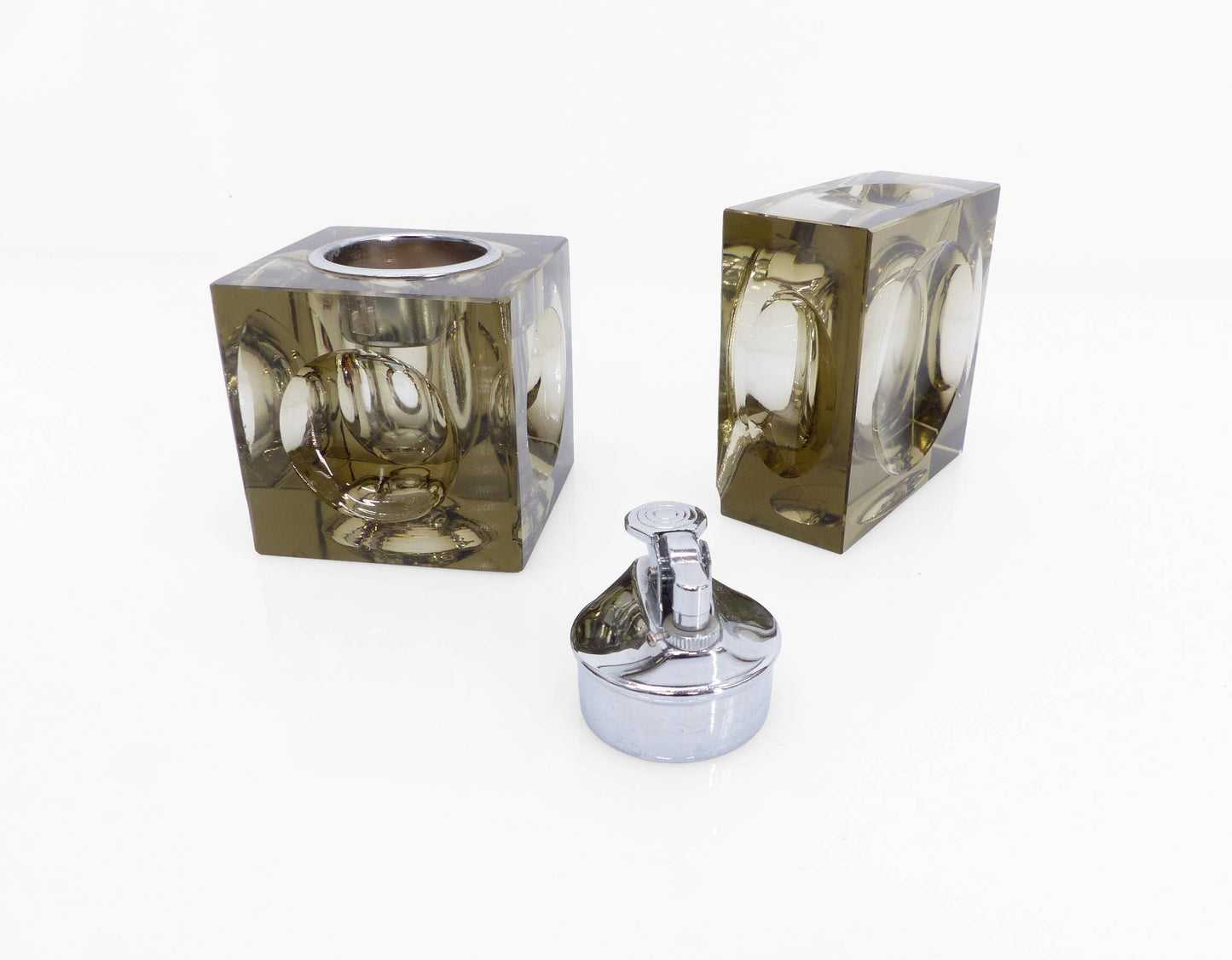 Space Age Smoked Murano Glass Ashtray and Table Lighter Set, Antonio Imperatore, Italy, 1970