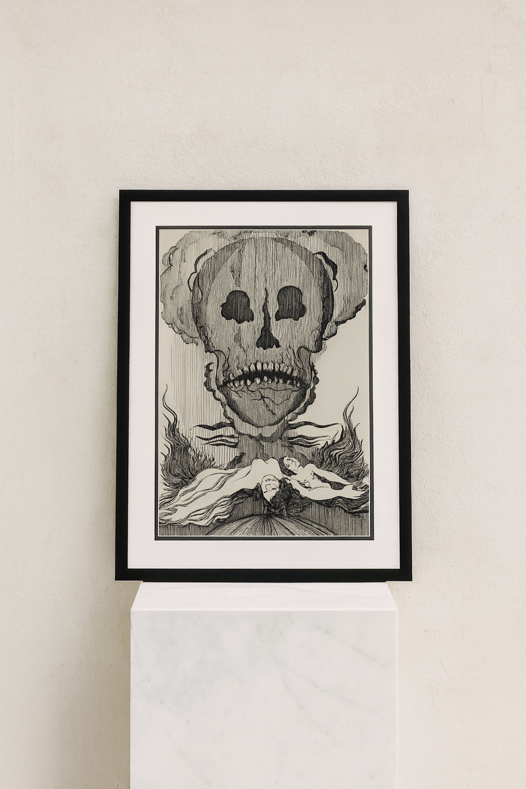 Encre de Chine originale par Hans Beers, circa 1970, vanité stylisée avec crâne et nus féminins.
Original Chinese ink drawing by Hans Beers, circa 1970, stylized vanity with skull and female nudes.