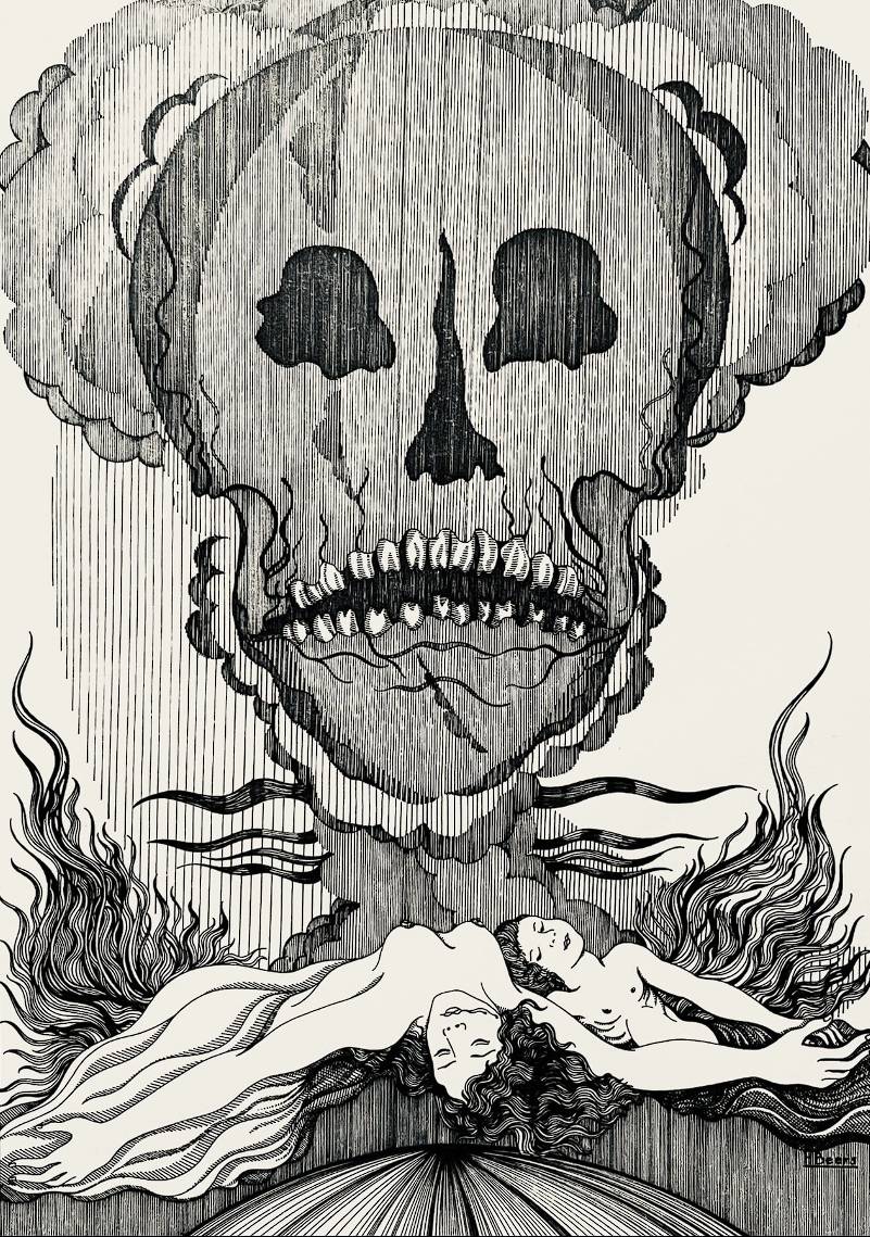 Hans Beers (1946) – Encre de Chine, vanité et nus féminins, circa 1970