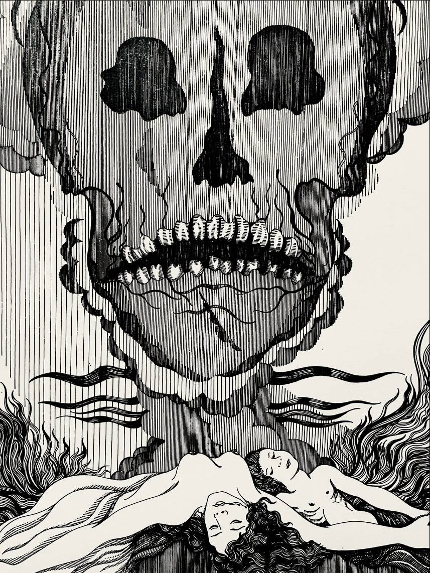 Hans Beers (1946) – Encre de Chine, vanité et nus féminins, circa 1970