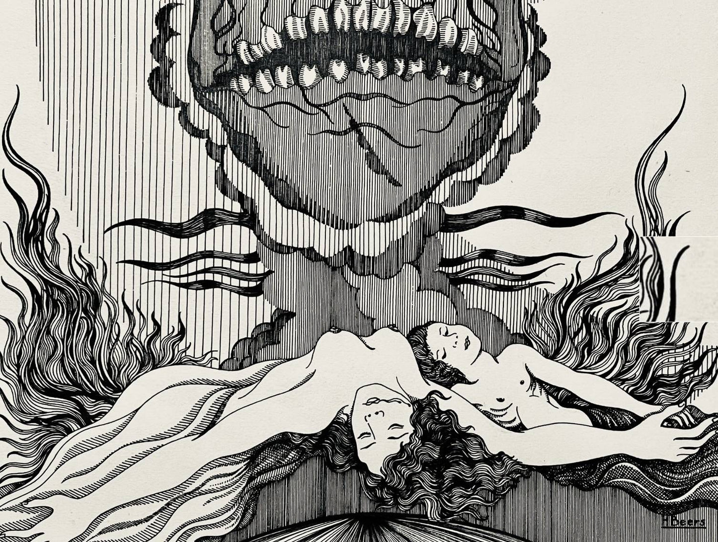 Hans Beers (1946) – Encre de Chine, vanité et nus féminins, circa 1970