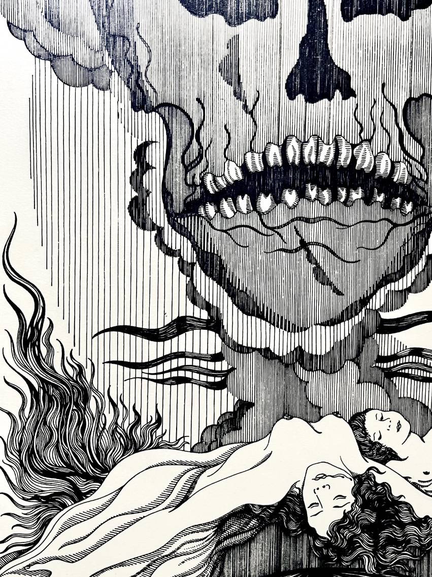 Hans Beers (1946) – Encre de Chine, vanité et nus féminins, circa 1970