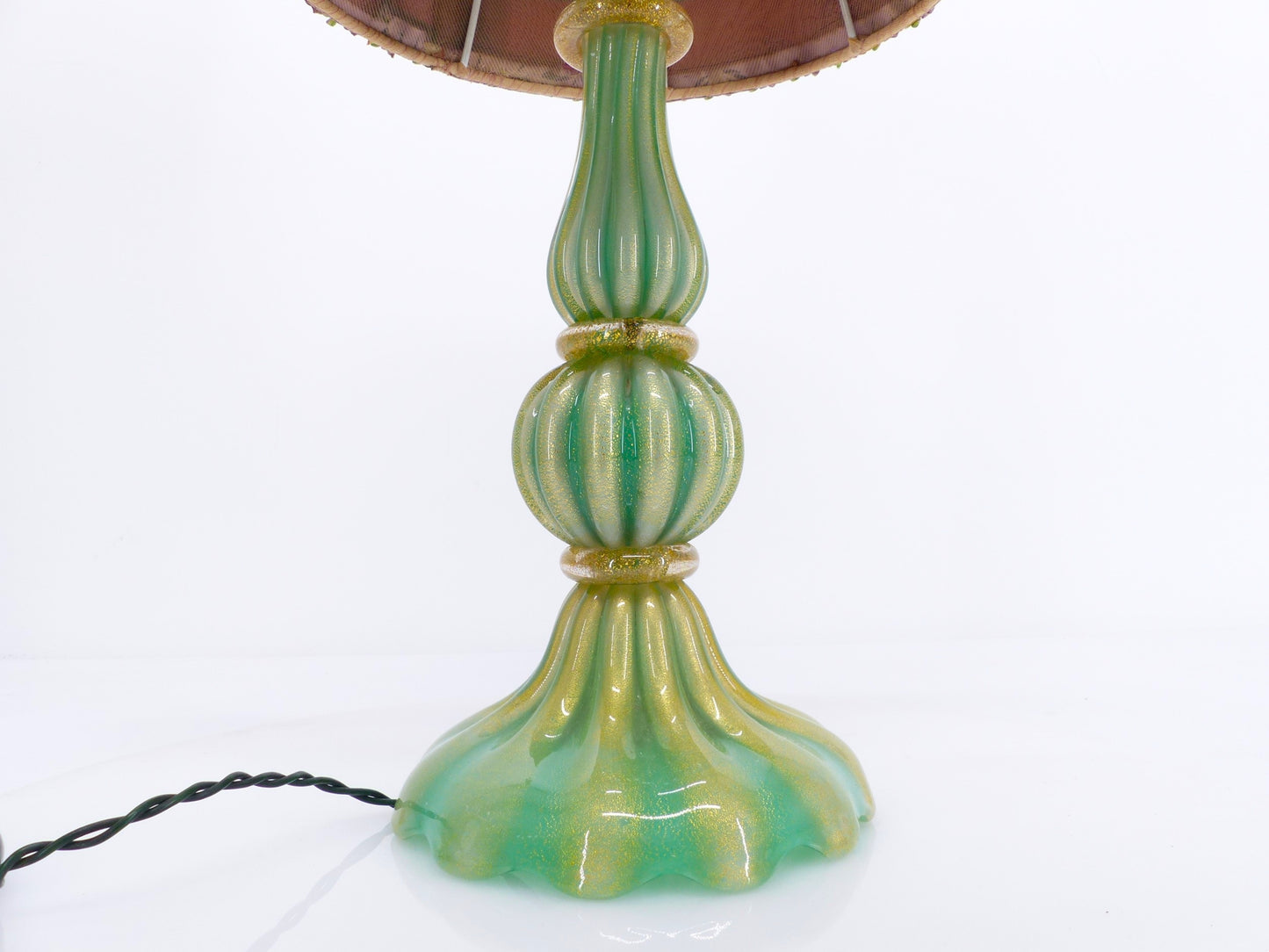 Lampe Murano turquoise et abat-jour en soie rose 1940