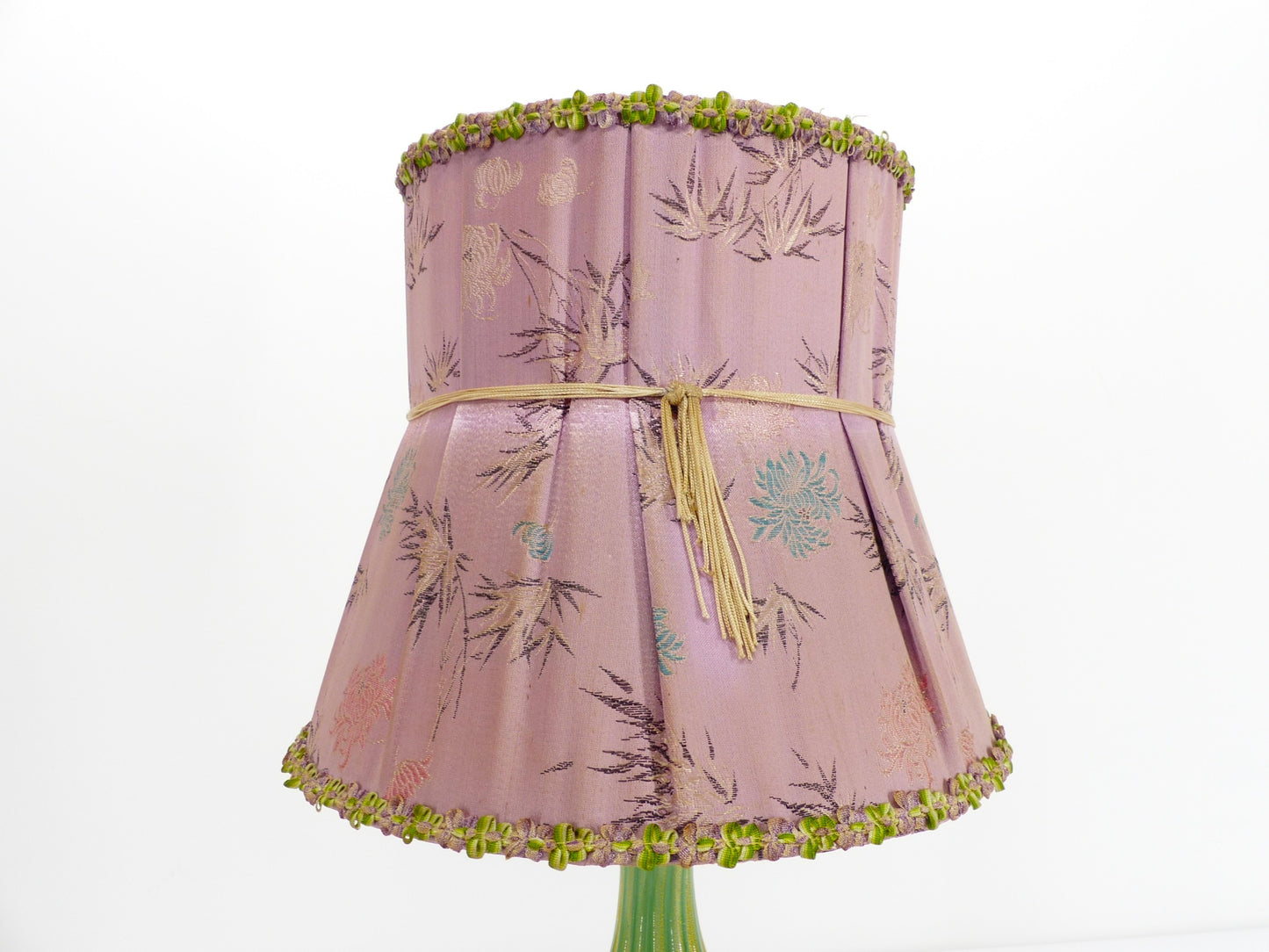 Lampe Murano turquoise et abat-jour en soie rose 1940