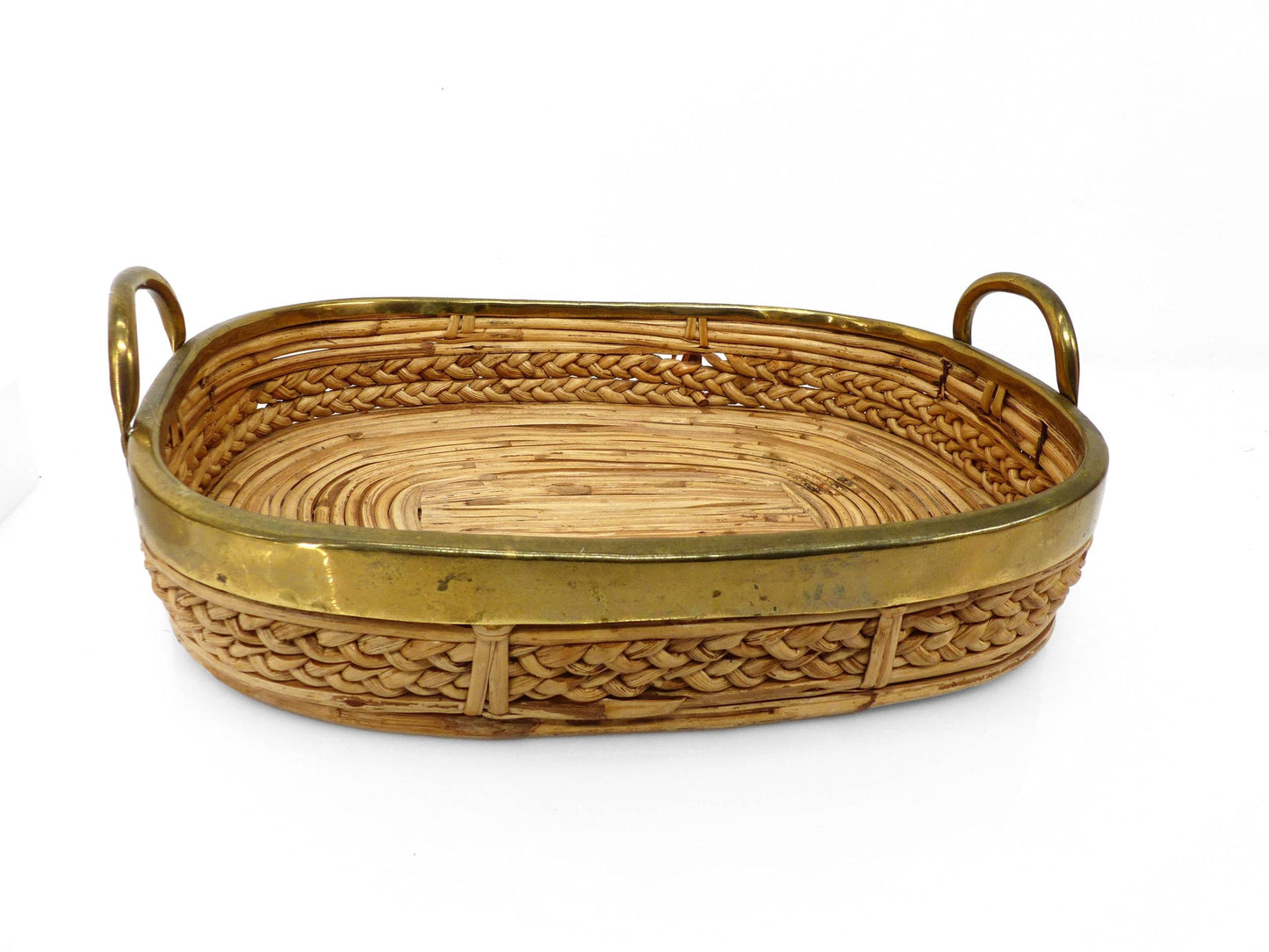 Panier et bol en rotin et laiton dans le goût de Gabriela Crespi, Italie 1960-1970