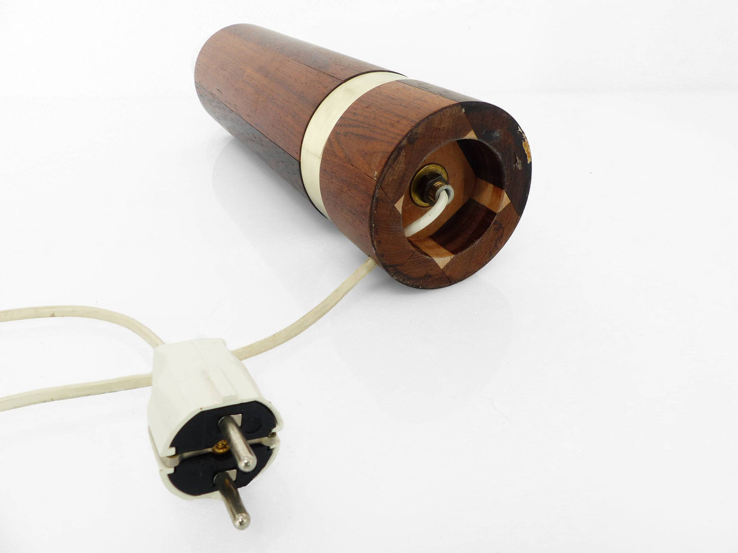 Pied de lampe scandinave en bois exotique et laiton, circa 1970