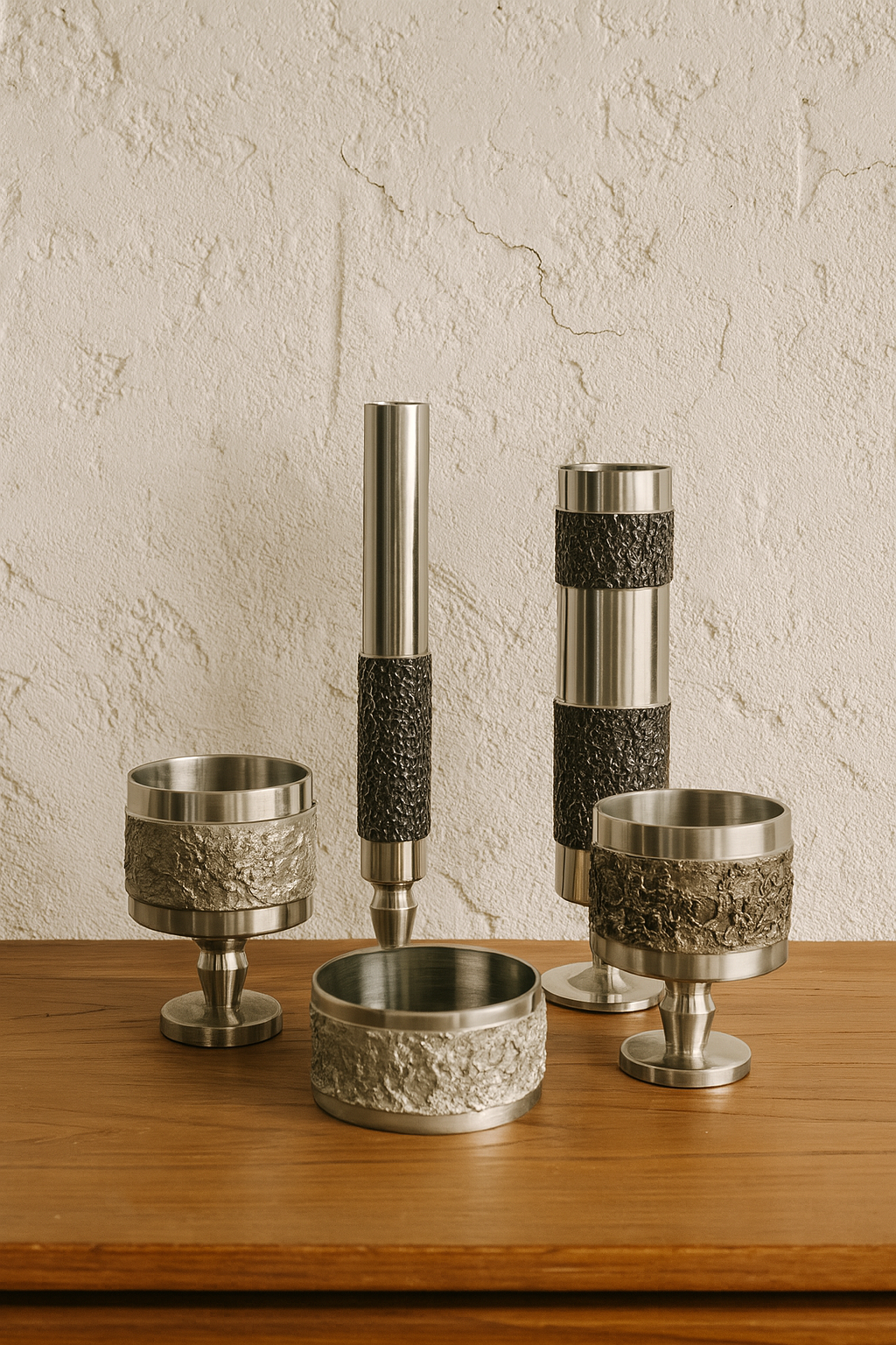 Set de 5 vases et coupes brutalistes en acier 1970