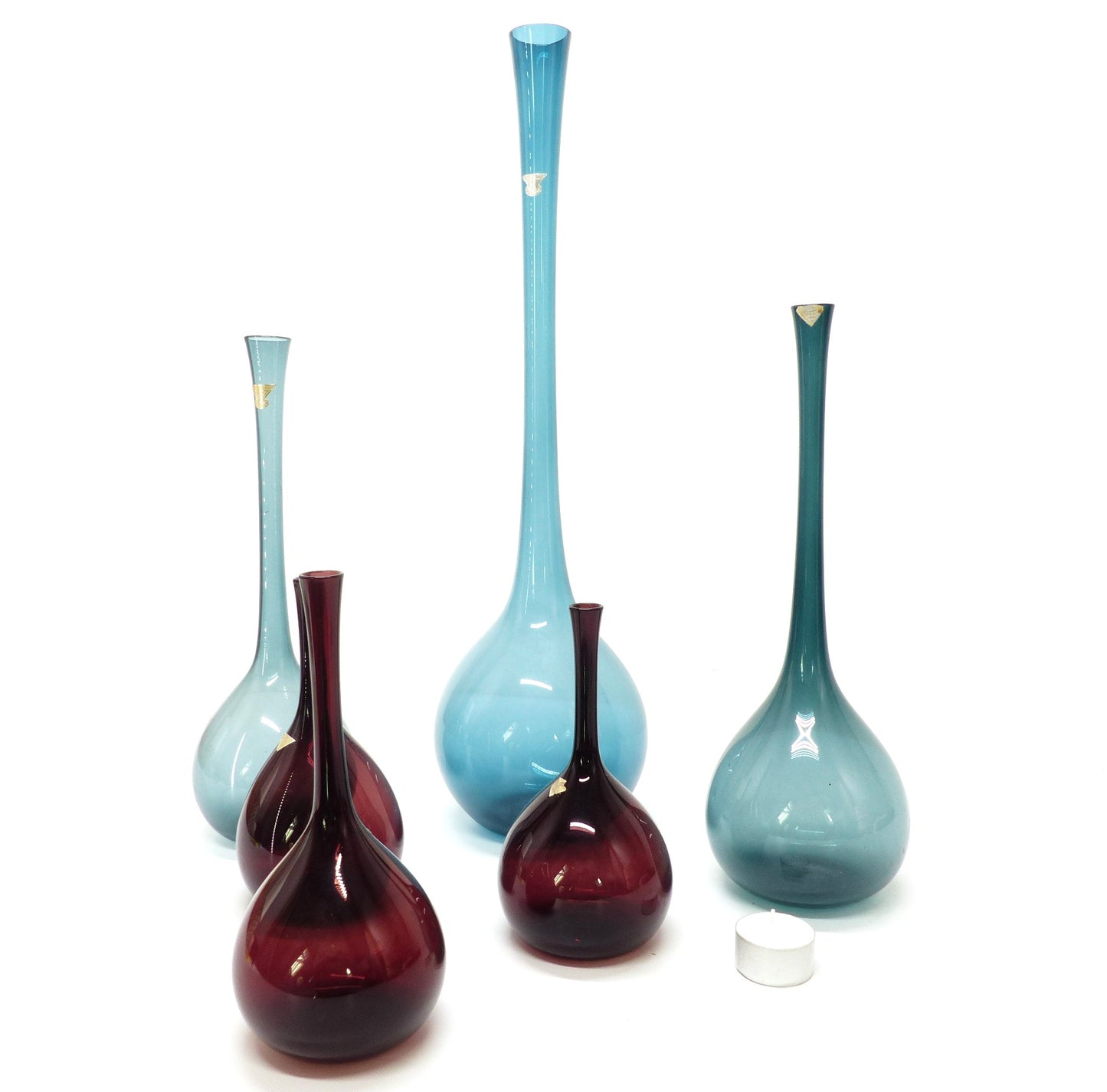 Set de 6 vases tulipe en verre soufflé par Arthur Percy, Gullaskruf, Suède 1950.