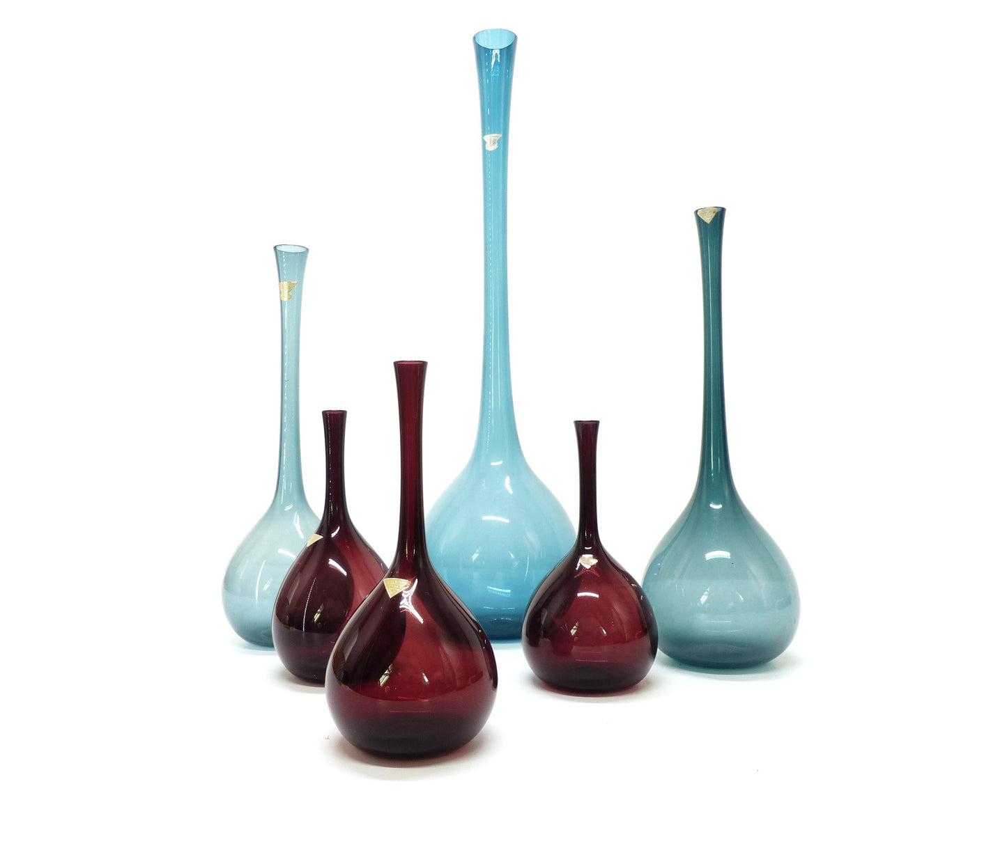 Set de 6 vases tulipe en verre soufflé par Arthur Percy, Gullaskruf, Suède 1950.