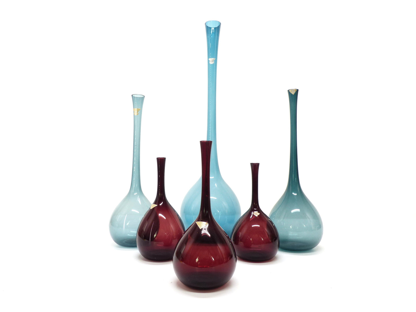 Set de 6 vases tulipe en verre soufflé par Arthur Percy, Gullaskruf, Suède 1950.