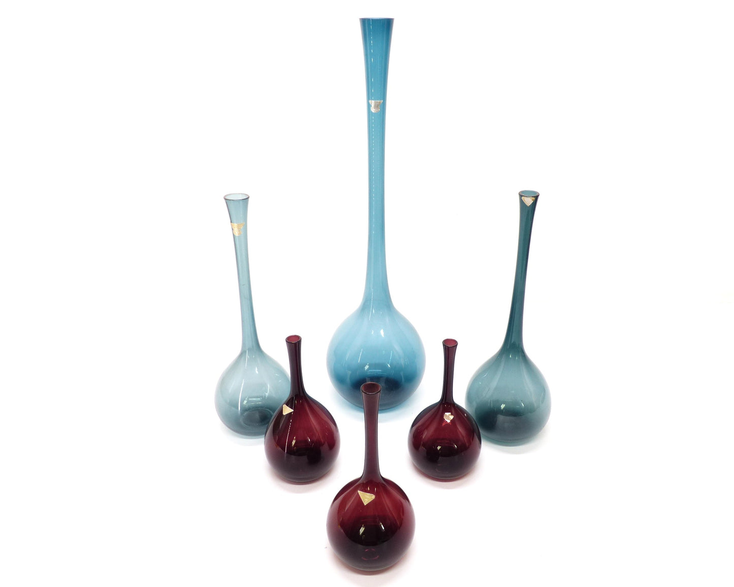 Set de 6 vases tulipe en verre soufflé par Arthur Percy, Gullaskruf, Suède 1950.