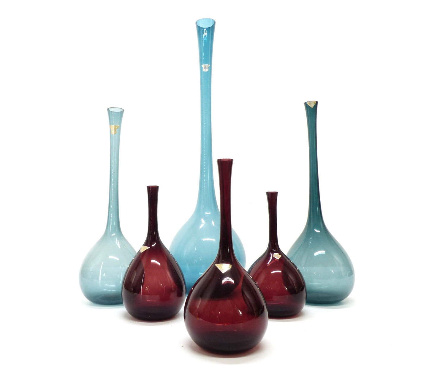Set de 6 vases tulipe en verre soufflé par Arthur Percy, Gullaskruf, Suède 1950.