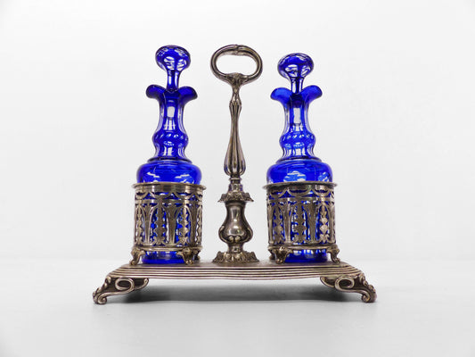 Huilier-vinaigrier Christofle en argent et cristal bleu cobalt XIX