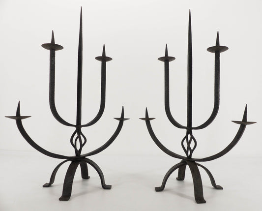 Pair of french brutalist wrought iron candelabra