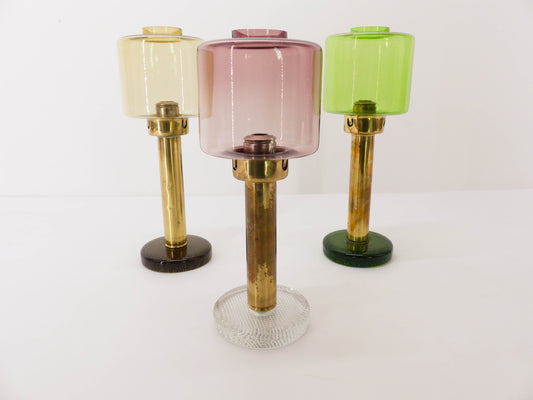 3 Scandinavian Gnosjö glass and brass candlesticks 1960