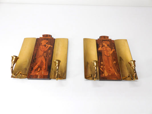 Pair of Scandinavian Art Deco brass and wood wall lights Birger Ekman-Mjölby Intarsia 1942