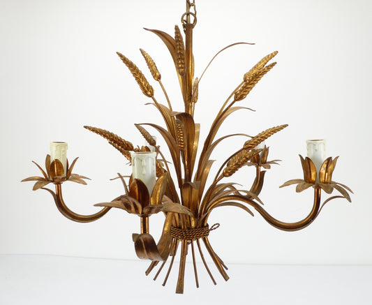 Five-light gilded metal chandelier with wheat ears decoration, 1970