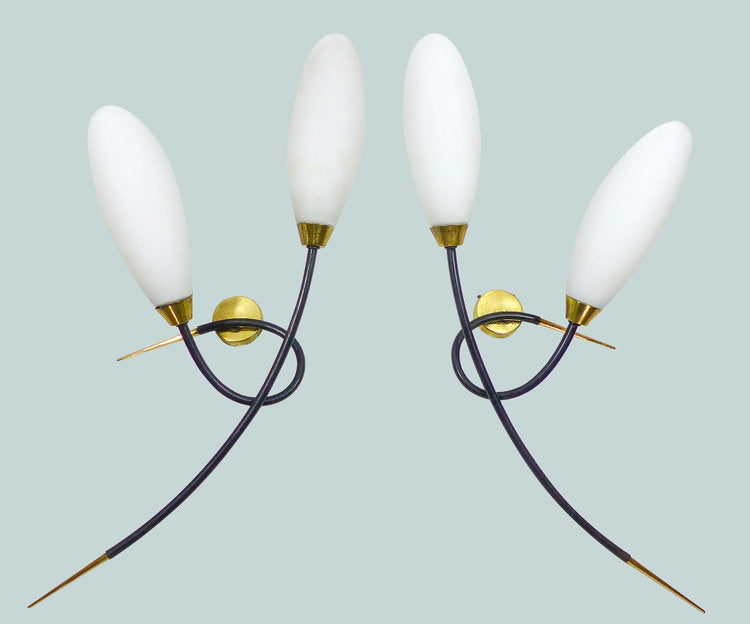 PAIR OF VINTAGE LUNEL BRASS AND BLACK LACQUERED METAL WALL LAMPS