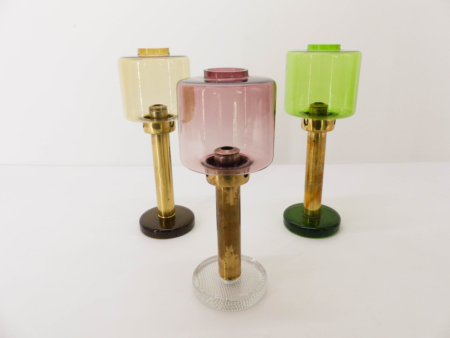 3 Scandinavian Gnosjö glass and brass candlesticks 1960