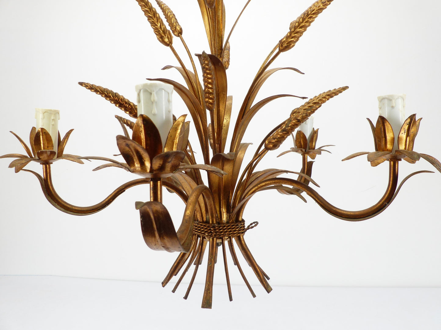 Five-light gilded metal chandelier with wheat ears decoration, 1970