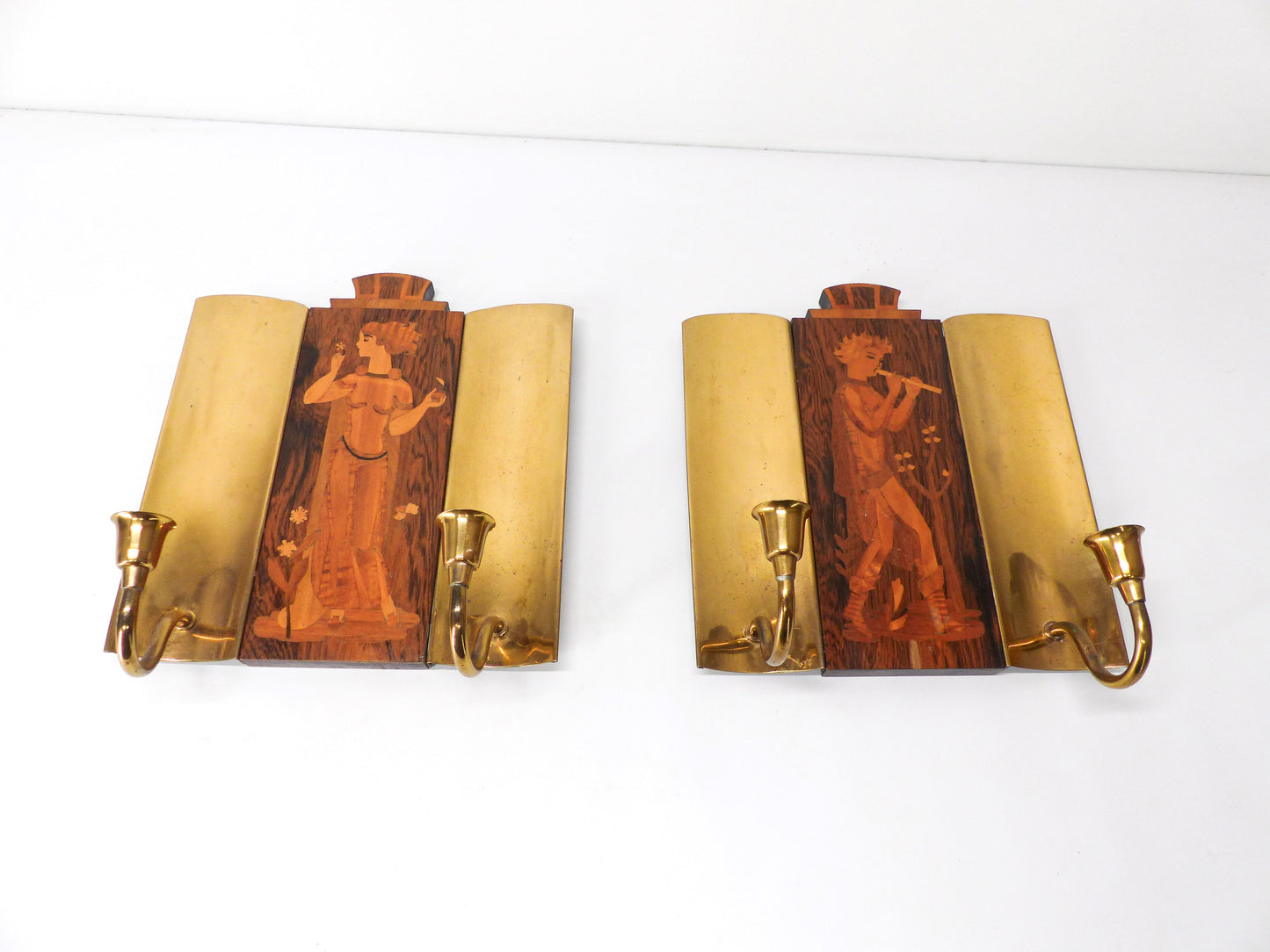 Pair of Scandinavian Art Deco brass and wood wall lights Birger Ekman-Mjölby Intarsia 1942