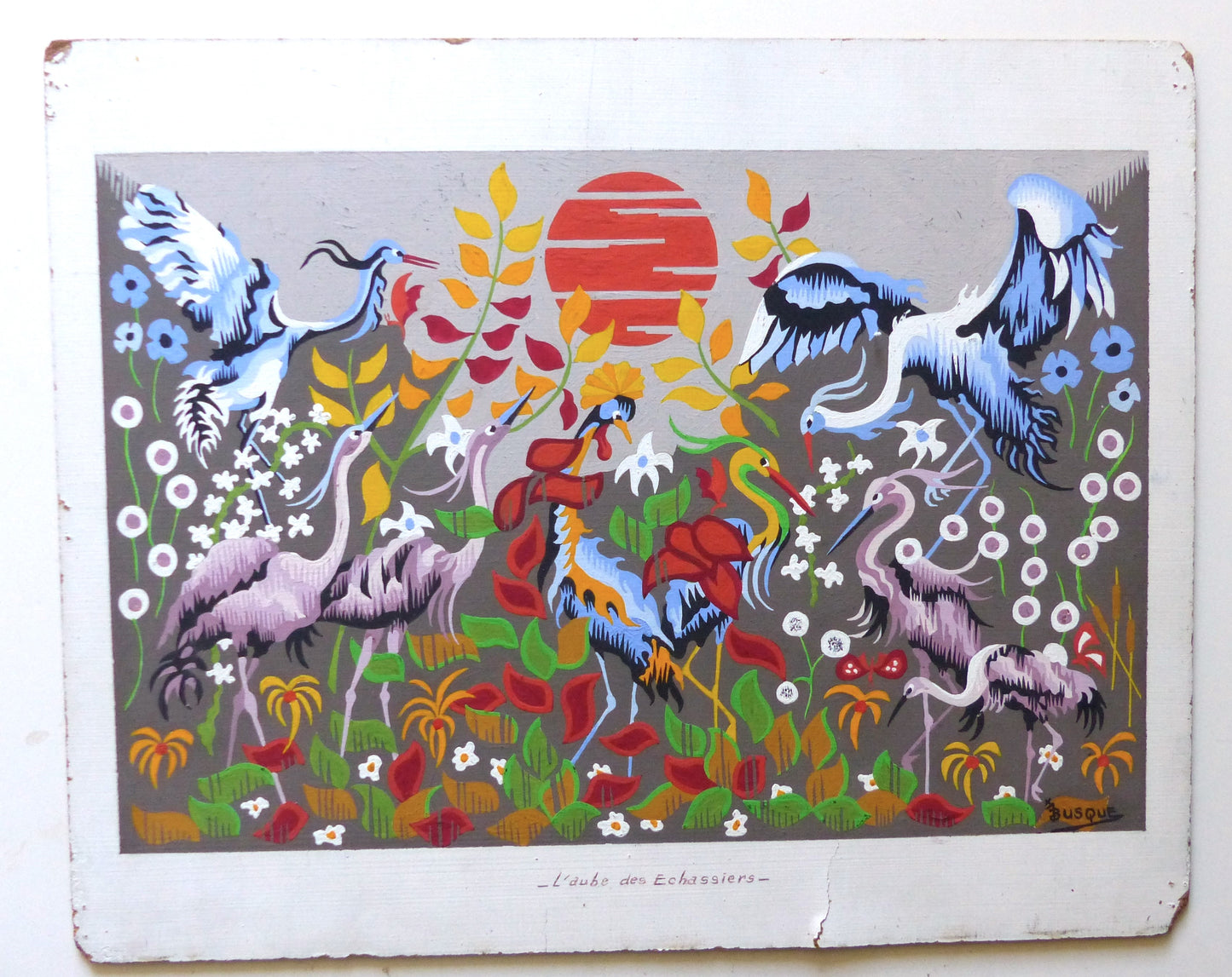 Gouache maquette péparatoire d'une tapisserie par Jacques Busque - Les échassiers à l'aube