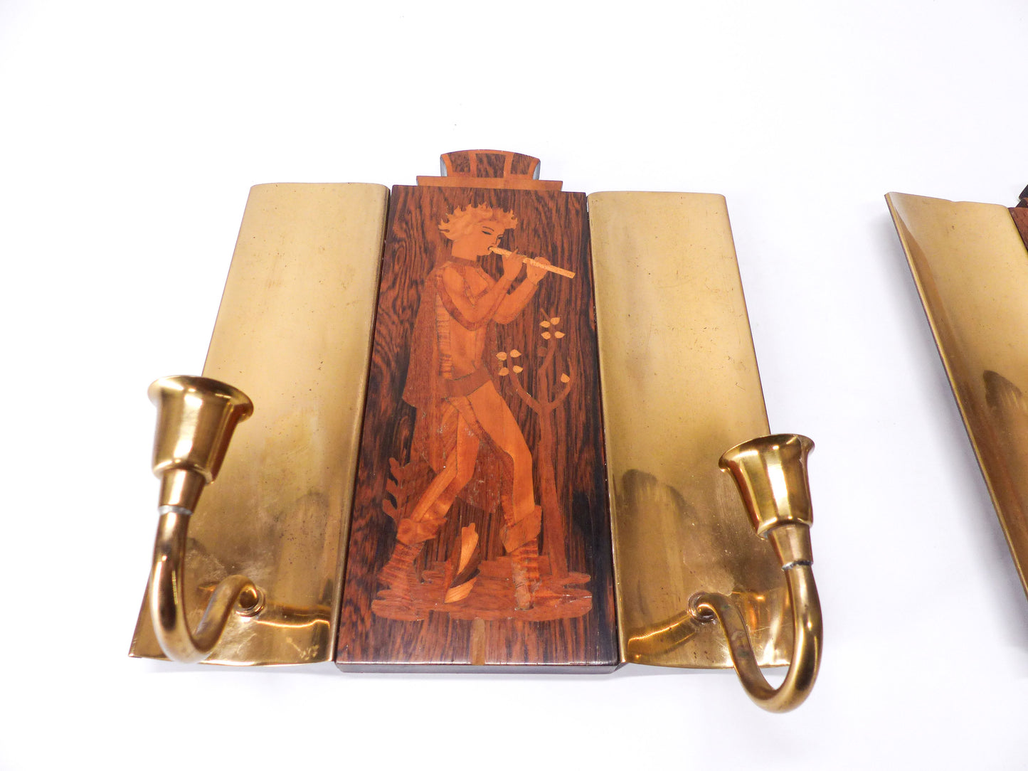 Pair of Scandinavian Art Deco brass and wood wall lights Birger Ekman-Mjölby Intarsia 1942