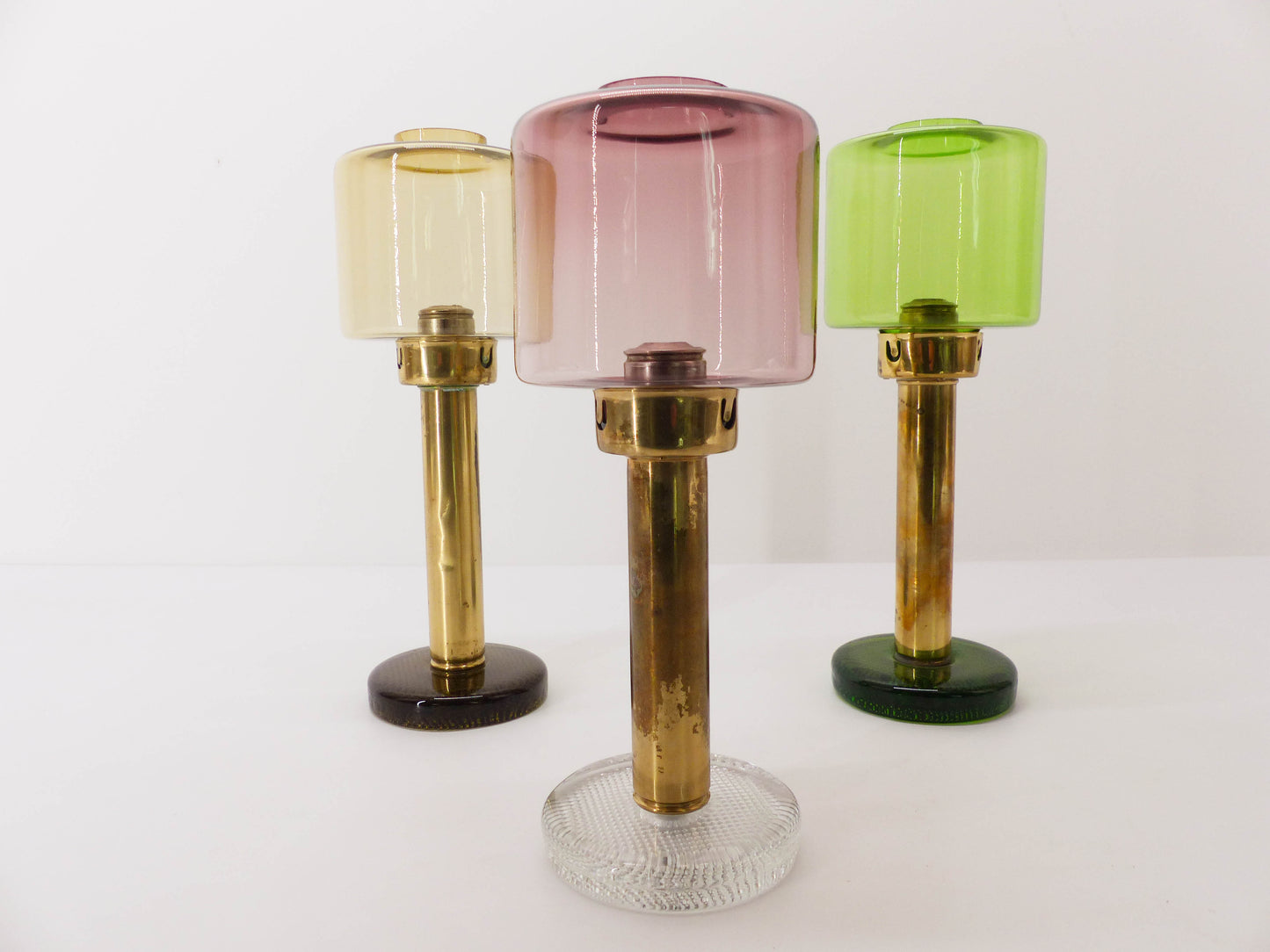 3 Scandinavian Gnosjö glass and brass candlesticks 1960