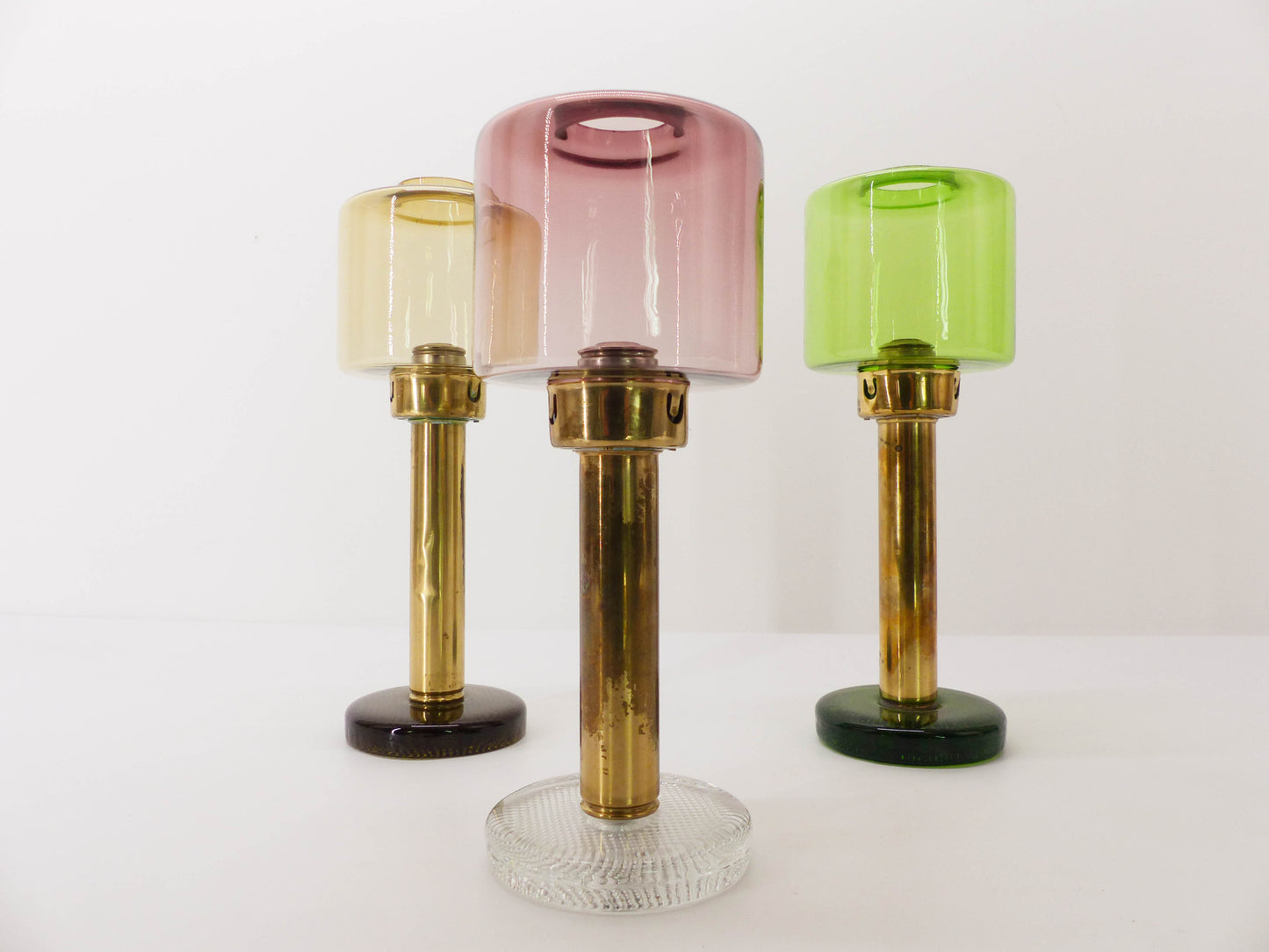 3 Scandinavian Gnosjö glass and brass candlesticks 1960