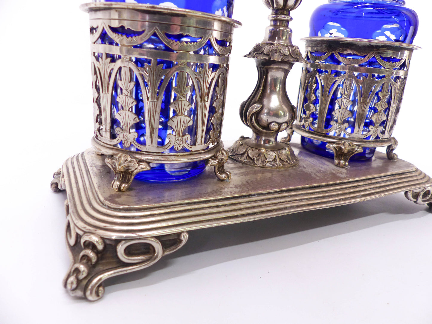 Huilier-vinaigrier Christofle en argent et cristal bleu cobalt XIX