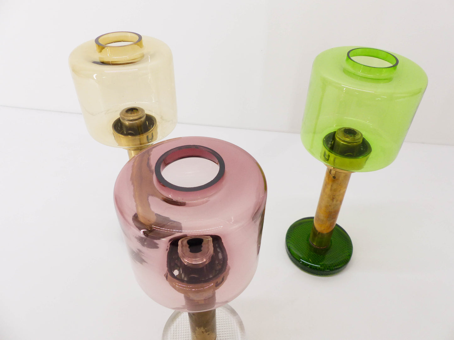 3 Scandinavian Gnosjö glass and brass candlesticks 1960