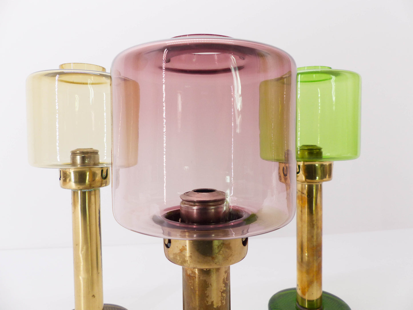 3 Scandinavian Gnosjö glass and brass candlesticks 1960