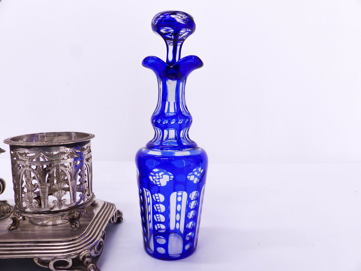 Huilier-vinaigrier Christofle en argent et cristal bleu cobalt XIX