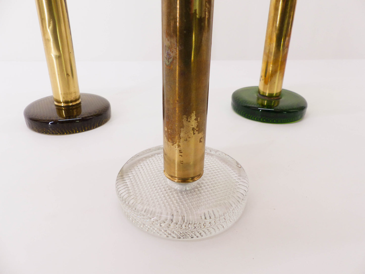 3 Scandinavian Gnosjö glass and brass candlesticks 1960