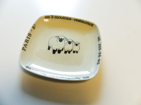 Vintage Limoges porcelain ashtray Restaurant Les 3 Moutons Paris 1970