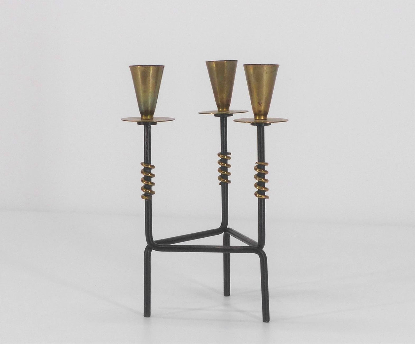 SCANDINAVIAN BLACK LACQUERED AND BRASS TRIPOD CANDLE HOLDER NILS-JOHAN