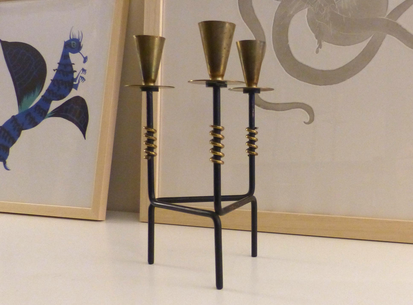 SCANDINAVIAN BLACK LACQUERED AND BRASS TRIPOD CANDLE HOLDER NILS-JOHAN