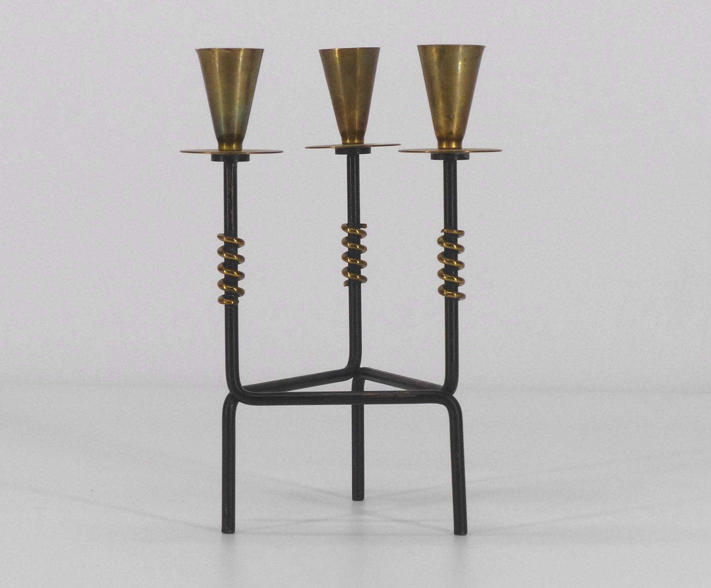 SCANDINAVIAN BLACK LACQUERED AND BRASS TRIPOD CANDLE HOLDER NILS-JOHAN