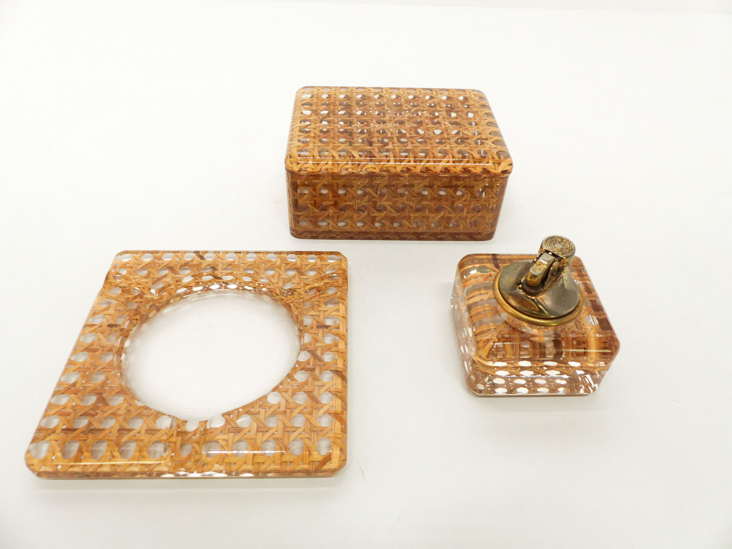 Rattan and plexiglass smoking set in the style of Gabriella Crespi for Dior 1970-1980