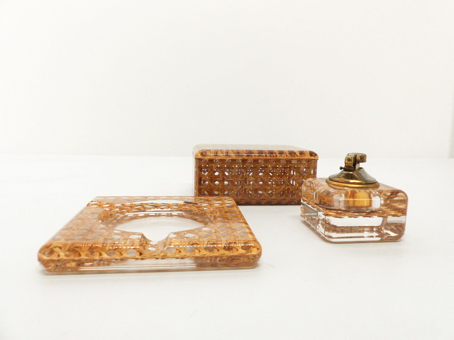 Rattan and plexiglass smoking set in the style of Gabriella Crespi for Dior 1970-1980