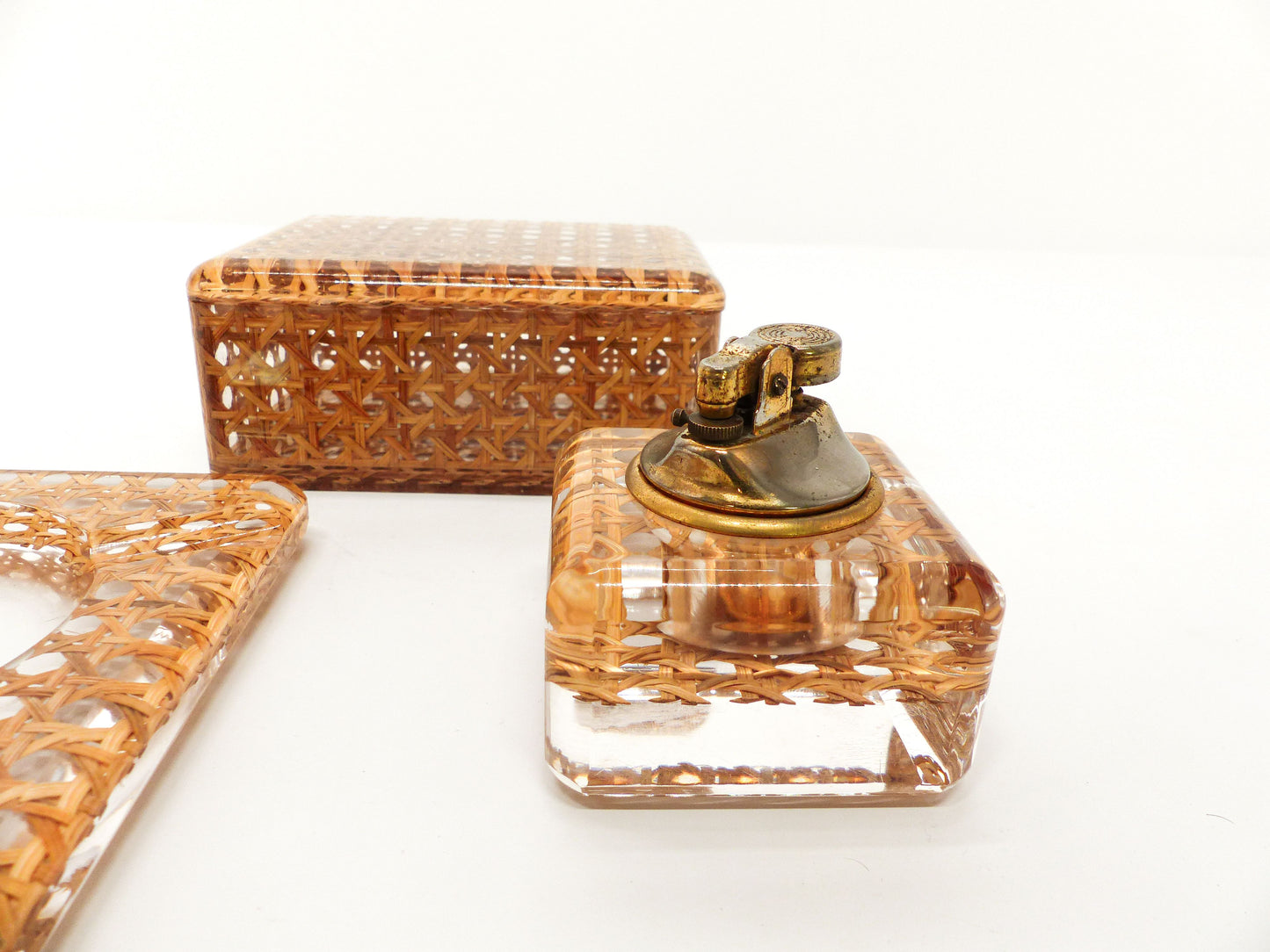 Rattan and plexiglass smoking set in the style of Gabriella Crespi for Dior 1970-1980