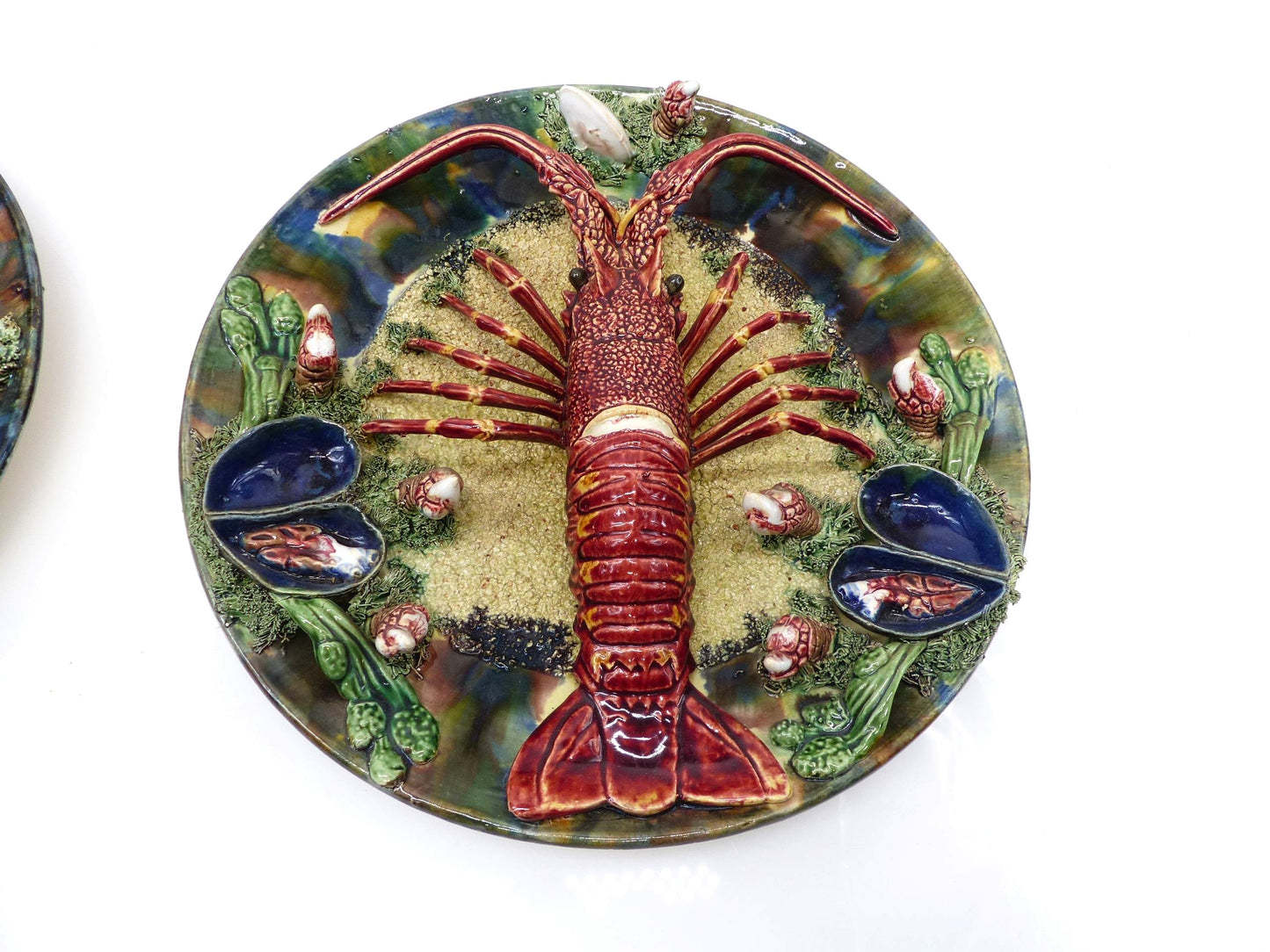 Pair of Large Polychrome Palissy Wall Plates by Álvaro José – Caldas da Rainha, Portugal, Early 20th Century