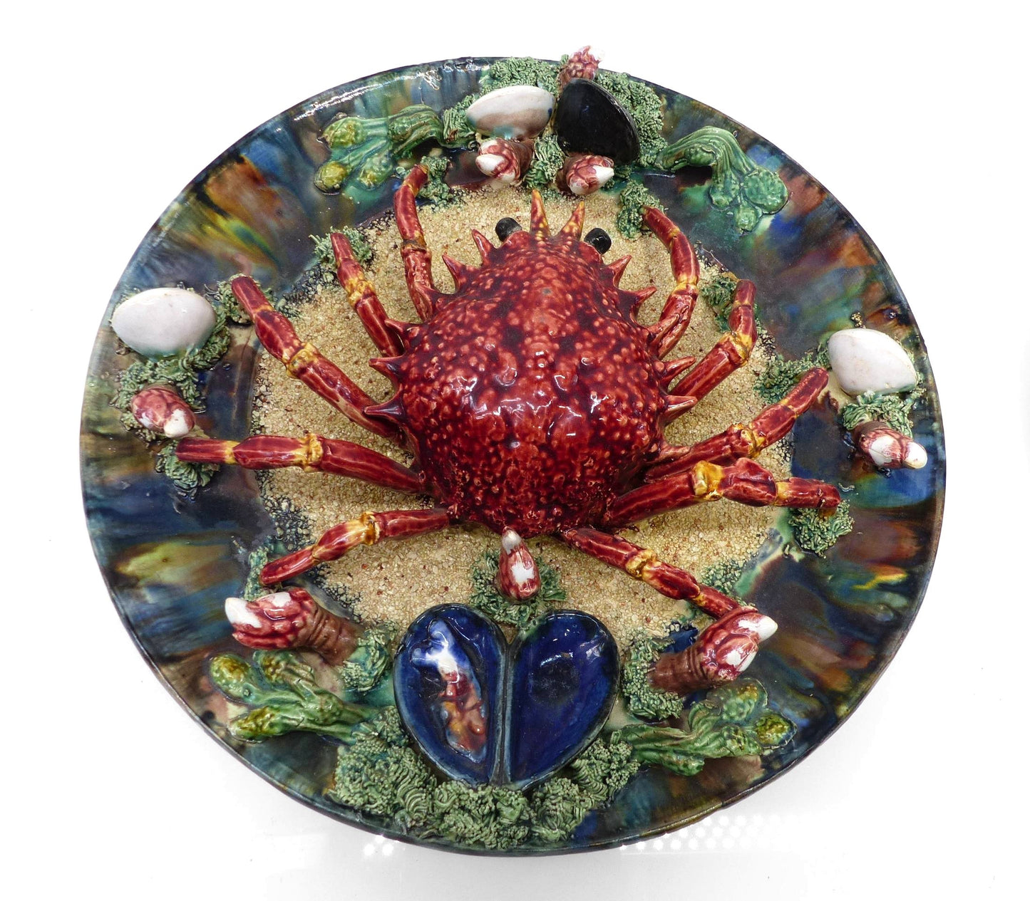 Pair of Large Polychrome Palissy Wall Plates by Álvaro José – Caldas da Rainha, Portugal, Early 20th Century