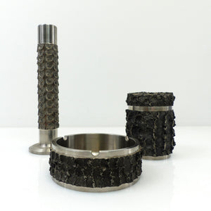 Ensemble brutaliste BMF en métal – Cendrier, boîte à cigarettes et vase – Allemagne, années 1970