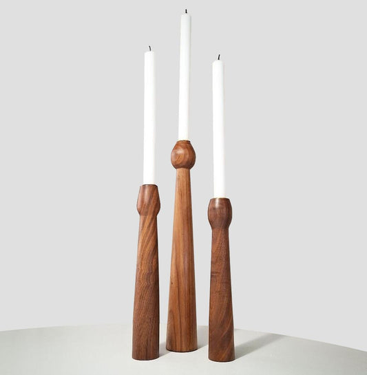 Set de 3 bougeoirs scandinaves en teck avec inserts en laiton, Danemark, circa 1960